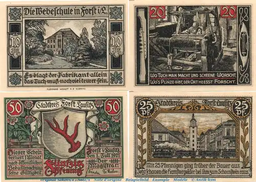 Notgeld Stadt Forst Lausitz 371.1 , Set mit 4 Scheinen in kfr. von 1921 , Brandenburg Seriennotgeld