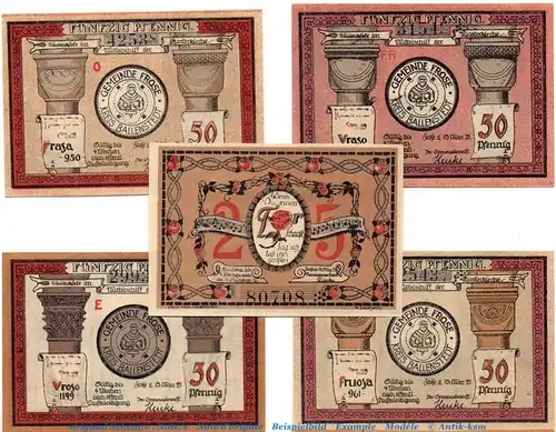 Notgeld Gemeinde Frose 398.2 , Set mit 5 Scheinen in kfr. von 1921 , Sachsen Anhalt Seriennotgeld