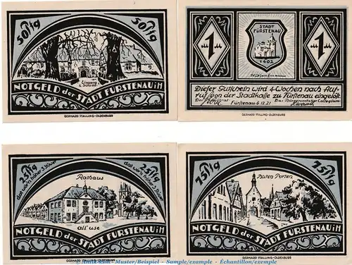 Notgeld Stadt Fürstenau 400.1 , Set mit 4 Scheinen in kfr. von 1921 , Niedersachsen Seriennotgeld