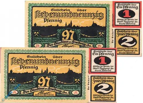 Notgeld Freiberg , Set mit 2 Scheinen , Mehl Grabowski 379.1 , von 1921 , Sachsen Serien Notgeld
