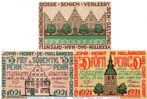 Notgeld Friedrichstadt , Set mit 3 Scheinen in kfr. Mehl Grabowski 395.1 , von 1921 , Schleswig Holstein Seriennotgeld