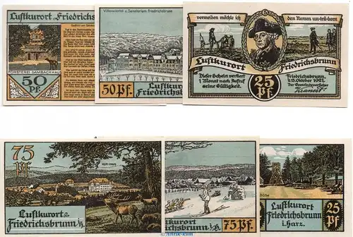 Notgeld Gemeinde Friedrichsbrunn 394.2 , Set mit 6 Scheinen Ohne Signatur von 1921 , Sachsen Anhalt Seriennotgeld