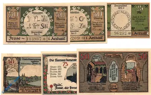 Notgeld Frose , Set mit 6 Scheinen in kfr. braun , Mehl Grabowski 398.3 , Sachsen Anhalt Seriennotgeld