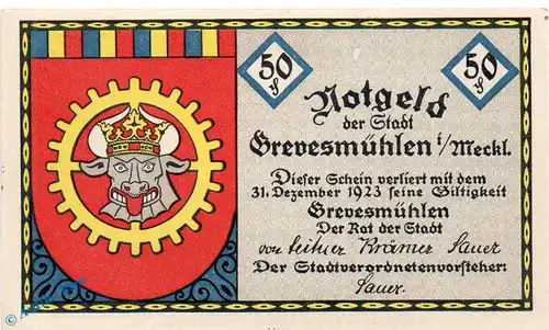 Notgeld Grevesmühlen , 50 Pfennig Schein in kfr. Mehl Grabowski 465.1 , Mecklenburg Vorpommern Seriennotgeld