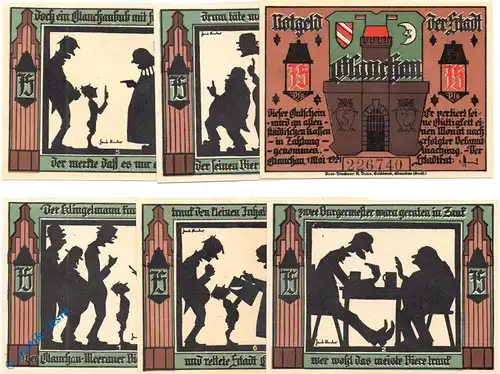 Notgeld Glauchau , Bierkrieg , Set mit 6 Scheinen in kfr. Mehl Grabowski 436.2 , von 1921 , Sachsen Seriennotgeld