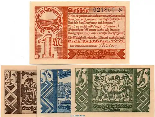 Notgeld Gemeinde Groß Wirschleben 486.1 , Set mit 4 Scheinen in kfr. von 1921 , Sachsen Anhalt Seriennotgeld