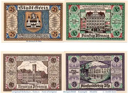 Notgeld der Stadt Greiz , 471.2 Set mit 4 Scheinen in kfr. von 1921 , Thüringen Seriennotgeld