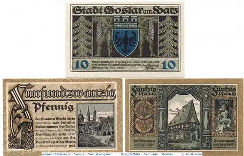 Notgeld der Stadt Goslar , 455.1 , Set mit 3 Scheinen in kfr. von 1920 , Niedersachsen Seriennotgeld
