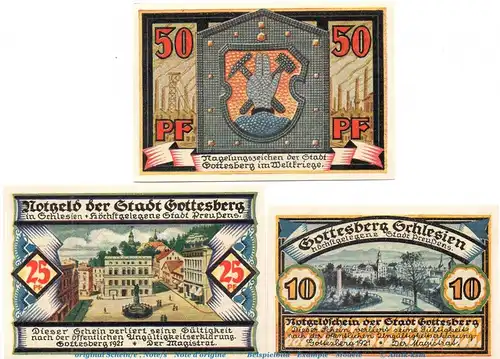 Notgeld Stadt Gottesberg 458.1 , Set mit 3 Scheinen in kfr. von 1921 , Schlesien Seriennotgeld