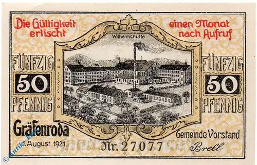 Notgeld Gräfenroda , 50 Pfennig Schein kfr. Mehl Grabowski 462.2 , Thüringen Seriennotgeld