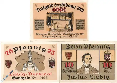 Notgeld Gießen , Gibana , Set mit 3 Scheinen , Mehl Grabowski 425.1 , von 1921 , Hessen Seriennotgeld