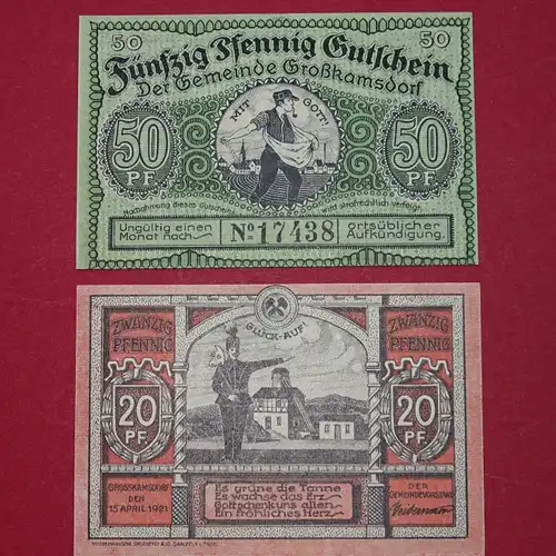 Notgeld Gemeinde Großkamsdorf , Thüringen , kompletter Satz mit 2 Scheinen in kassenfrischer Erhaltung , Seriennotgeld