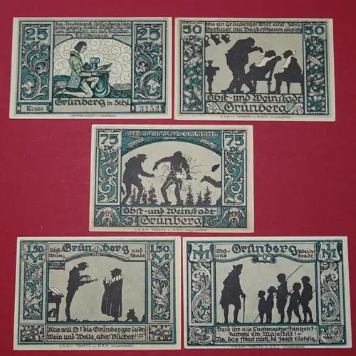 Notgeld Stadtbank Grünberg , Schlesien , Polen Zielona Gora , Schattenrisse , kompletter Satz mit 5 Scheinen in kassenfrischer Erhaltung , Seriennotgeld , 490.2