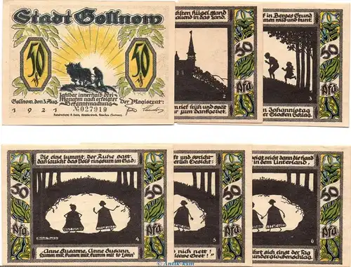 Notgeld Stadt Gollnow 453.4 ,Glockensage Set mit 6 Scheinen in kfr. von 1921 , Pommern Seriennotgeld