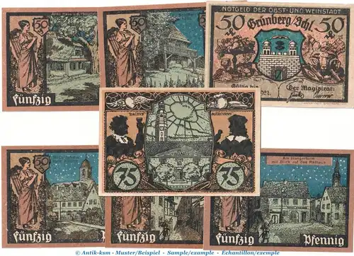 Notgeld Stadt Grünberg 489.1 , Set mit 7 Scheinen in kfr. o.D. Schlesien Seriennotgeld