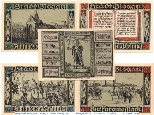 Notgeld der Stadt Glogau 439.1 , Set mit 5 Scheinen in kfr. von 1920 , Schlesien Seriennotgeld