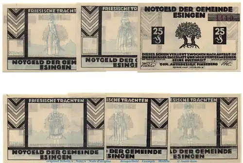 Notgeld Gemeinde Esingen 353.1 , Set mit 6 Scheinen in kfr. o.D. Schleswig Holstein Seriennotgeld
