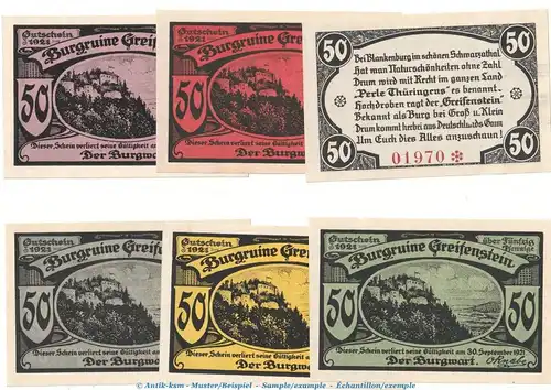 Notgeld Burgwart Greiffenstein 469.2 , Set mit 6 Scheinen in kfr. o.D. Thüringen Seriennotgeld