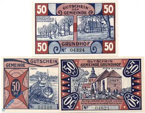 Notgeld Grundhof in Angeln , Set mit 3 Scheinen , Mehl Grabowski 493.1 , von 1920 , Schleswig Holstein Serien Notgeld