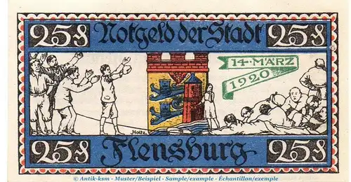 Notgeld Stadt Flensburg 369.6.b-e , 25 Pfennig Schein mit Aufdruck in kfr.  von 1920 , Schleswig Holstein Seriennotgeld