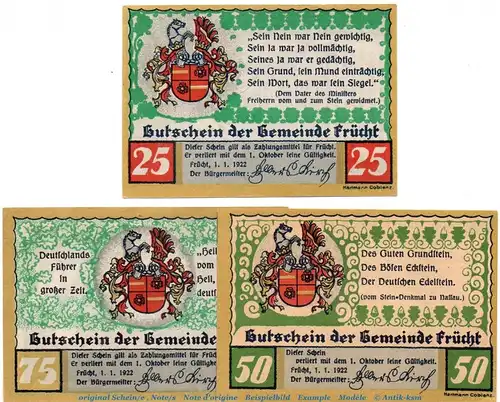 Notgeld Frücht bei Ems 399.1 , Set mit 3 Scheinen in kfr. von 1922 , Hessen Seriennotgeld