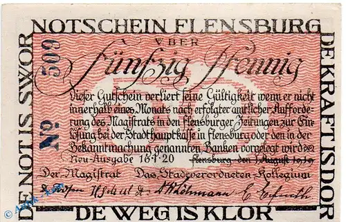 Notgeld Flensburg , 50 Pfennig Schein in kfr. Mehl Grabowski 369.1 , von 1920 , Schleswig Holstein Seriennotgeld