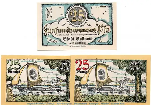 Notgeld Stadt Gollnow 453.2 , Set mit 3 Scheinen in kfr. von 1921 , Pommern Seriennotgeld