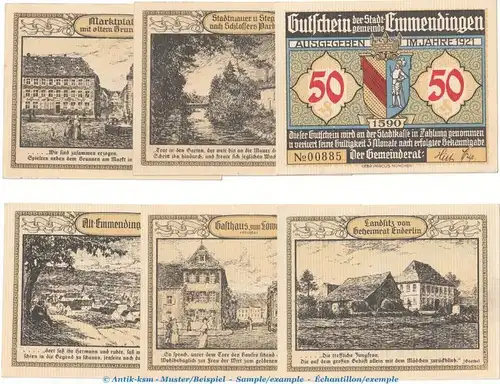 Notgeld Stadt Emmendingen 337.1 , Set mit 6 Scheinen in kfr. o.D. Baden Württemberg Seriennotgeld