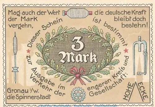 Notgeld -Hohe Ecke- Gronau 475.1 , 3 Mark Schein in kfr. o.D. Westfalen Seriennotgeld