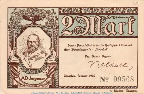 Notgeld Gemeinde Gravenstein 466.4.c , 2 Mark sämisch in kfr. von 1920 , dänisch Nordschleswig Seriennotgeld 