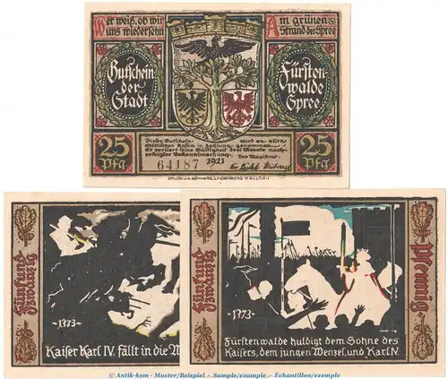 Notgeld Stadt Fürstenwalde 403.1 , Set mit 3 Scheinen -25 Pf- in kfr. o.D. Brandenburg Seriennotgeld