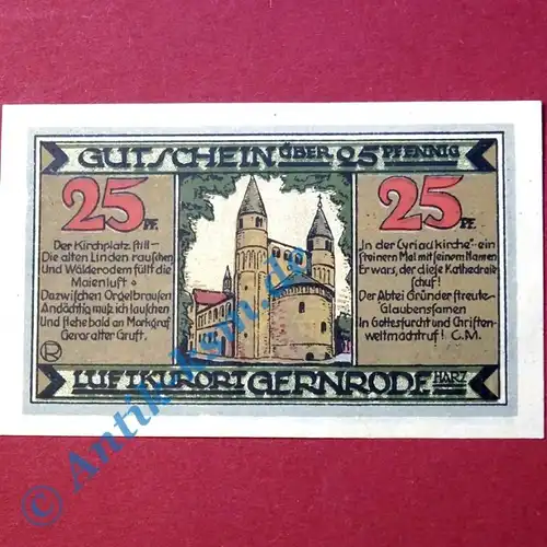 Notgeld Gernrode , 25 Pfennig ohne Kennummer , Mehl Grabowski NICHT belegt , von 1921 , Sachsen Anhalt Seriennotgeld