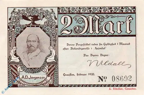 Notgeld Gemeinde Gravenstein 466.4.a , 2 Mark Schein in kfr. von 1920 , dänisch Nordschleswig Seriennotgeld