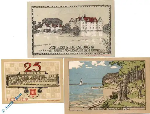 Notgeld Glücksburg , Set mit 3 Scheinen , Mehl Grabowski 441.1 und 2 , von 1920 , Schleswig Holstein Seriennotgeld