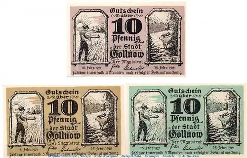 Notgeld Stadt Gollnow 453.3 , Set mit 3 Scheinen in kfr. von 1921 , Pommern Serien Notgeld