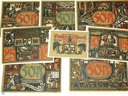 Großbreitenbach , 2 Sets mit 8 Scheinen in kfr. M-G 478.1-2 , Thüringen 1921 Seriennotgeld