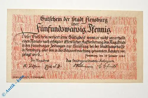 Notgeld Flensburg , 25 Pfennig Schein , ohne Kennummer , Mehl Grabowski 369.4 h , von 1920 , Schleswig Holstein Serien Notgeld