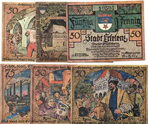 Notgeld Erkelenz , Set mit 6 Scheinen in kfr. Mehl Grabowski 348.1 a , von 1921 , Westfalen Seriennotgeld