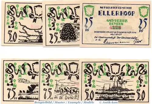 Notgeld Ellerhoop , Set mit 6 Scheinen in kfr. Mehl Grabowski 330.1.a , o.D. Schleswig Holstein Seriennotgeld