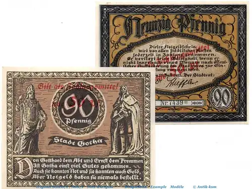 Notgeld Stadt Gotha 456.9 , Set mit 2 Überdruck Scheinen in kfr. von 1921 , Thüringen Seriennotgeld