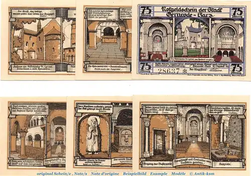 Notgeld Stadt Gernrode 523.4.a , 6 x 75 Pfennig Cyriaci in kfr. von 1921 , Sachsen Anhalt Seriennotgeld
