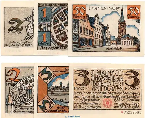 Notgeld Stadt Dorsten 282.1 , Set mit 6 Scheinen in kfr. o.D. Westfalen Seriennotgeld