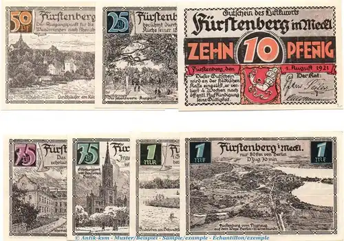 Notgeld Stadt Fürstenberg 402.9 , Set mit 7 Scheinen in kfr. von 1921 , Brandenburg Seriennotgeld