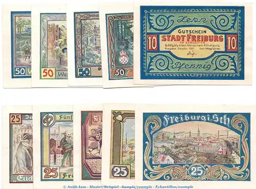 Freiburg , Notgeld Set mit 10 Scheinen in kfr. M-G 383... Schlesien 1921 Seriennotgeld