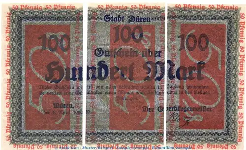 Notgeld Stadt Düren , Set mit 3 x 50 Pfennig -li-mi-re- in kfr. von 1921 , Westfalen Seriennotgeld