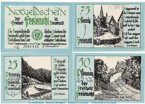 Notgeld Gemeinde Freienohl 384.1 , Set -blau- mit 4 Scheinen in kfr. o.D. Westfalen Seriennotgeld