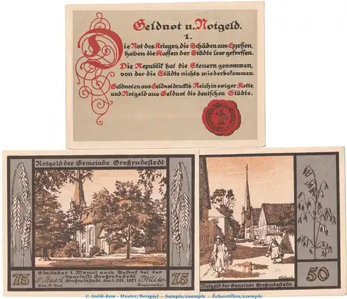 Notgeld Gemeinde Großrudestedt 485.1 , Set mit 3 Scheinen in kfr. von 1921 , Thüringen Seriennotgeld