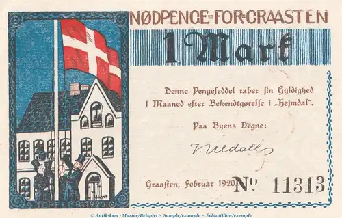 Notgeld Gemeinde Gravenstein 466.3.k , 1 Mark Schein in kfr. von 1920 , dänisch Nordschleswig Seriennotgeld