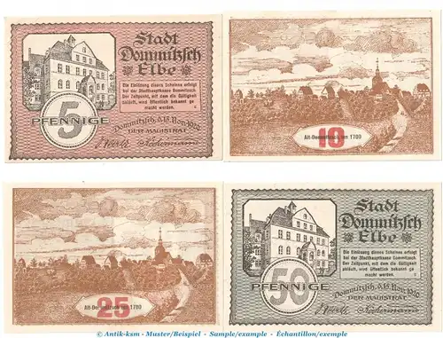 Notgeld Stadt Dommitzsch 279.2 , Set mit 4 Scheinen in kfr. von 1920 , Sachsen Seriennotgeld