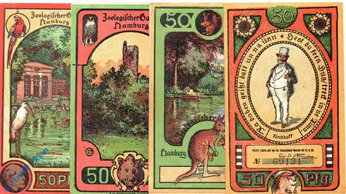 Notgeld Hamburg , Zoologischer Graten , Set mit 4 Scheinen in kfr. Mehl Grabowski 563.2 , Hamburg Seriennotgeld